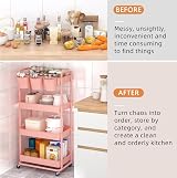 JIUYOTREE 4-Tier Plastic Rolling Storage Cart Pink with Lockable Wheels view 5