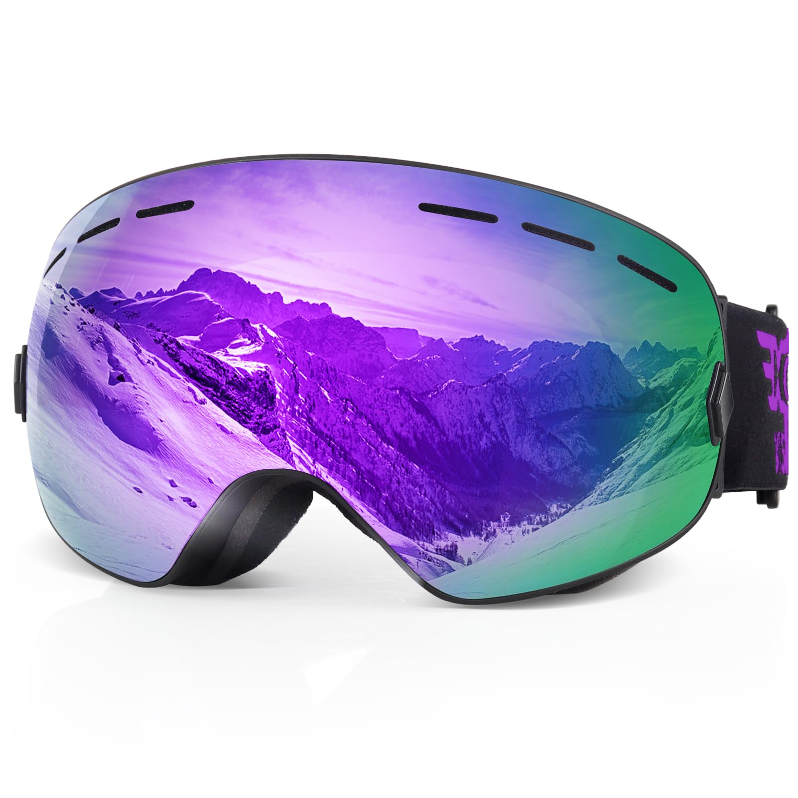 EXP VISION Snowboard Ski Goggles Men Women Youth, Anti Fog OTG Winter Snow Goggles Spherical Detachable Lens (Grapes)