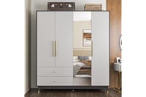 Homsee 4-Door Wardrobe Armoire with Mirror, Drawers, Shelves & Hanging Rods, 63” Wooden Closet Storage Cabinet with Metal Handles for Bedroom, Dark Grey & Light Grey