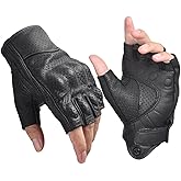 sibewora Fingerless Leather Gloves for Men Black Breathable Leather Riding Perforated Motorcycle Gloves Summer Driving Cycling Half Finger
