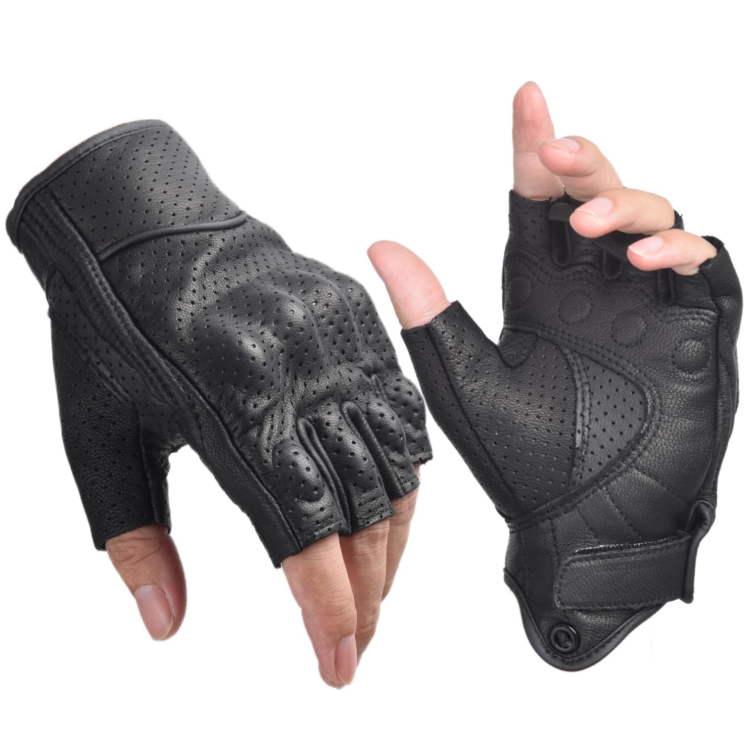 Photo 1 of sibewora Fingerless Leather Gloves for Men Black Breathable Leather Riding Perforated Motorcycle Gloves Summer Driving Cycling Half Finger (Medium)