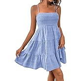 CFLONGE Womens Sleeveless Smocked Mini Dress Flowy Cute Summer Dresses Boho Spaghetti Strap Tiered A Line Casual Sundress
