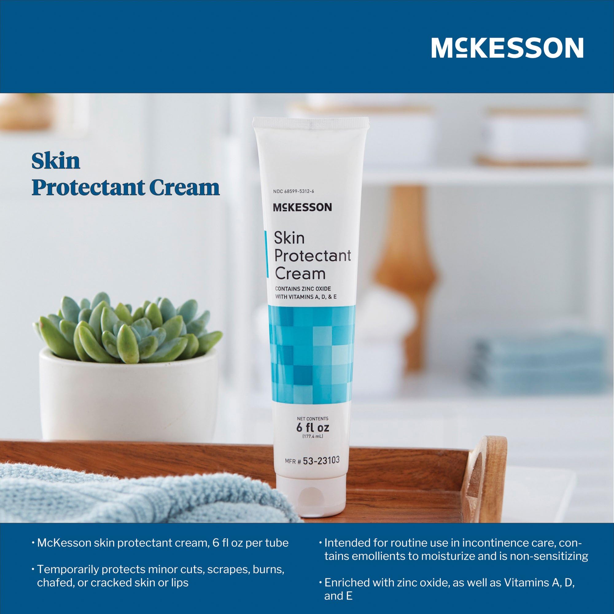 McKesson Vitamin A & D Skin Protectant Cream with Zinc Oxide - Incontinence Barrier Cream, Diaper Rash, Healing Dry and Cracked Skin - 6 oz, 1 Count