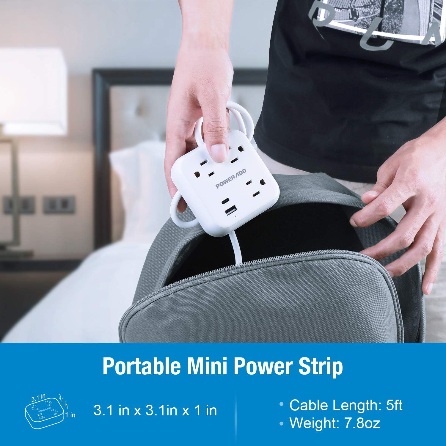 POWERADD USB C Power Strip with Power Delivery 18W, Travel Power Strip Mini & Portable with 3 Outlets, 18W USB C & QC 3.0 USB A Port 5ft Cord Flat Plug for Cruise Ship Hotel Dorm Room and Home: Electronics