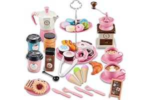 GIFTRRTOY Pretend Tea Party Set for Little Girls, 41 PCS Coffee Maker Set and Play Food Dessert Set for Kids Age 3 4 5 6 7 8 9（Pink）
