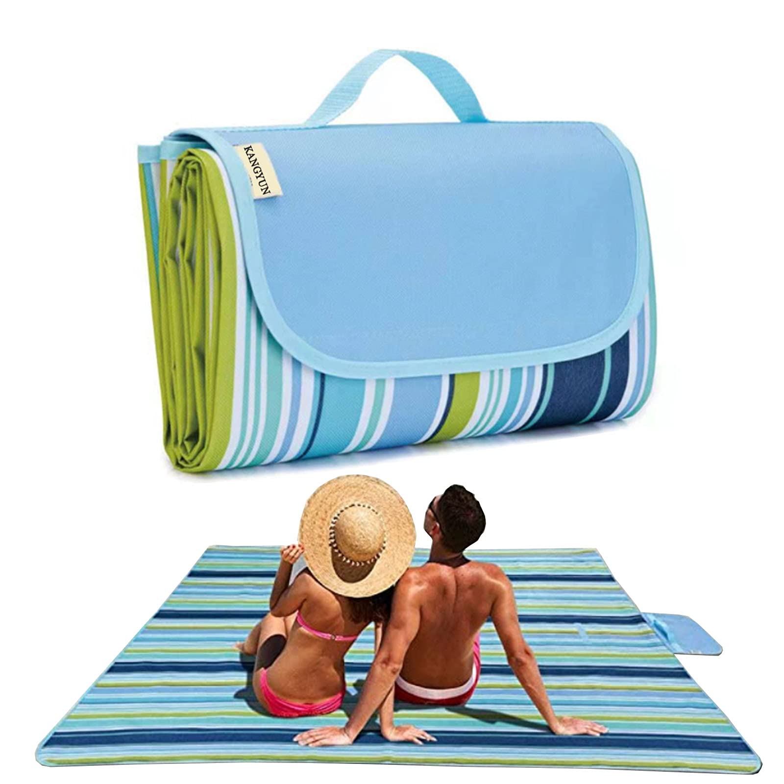Photo 1 of K Y KANGYUN Picnic Blanket | Beach Mat| Picnic Blankets for Indoor and Outdoor, 80" x 60" Sandproof Waterproof Larger Mats for Travel, Camping, Hiking, Park Grass, Handy Tote, Foldable (Blue Line)