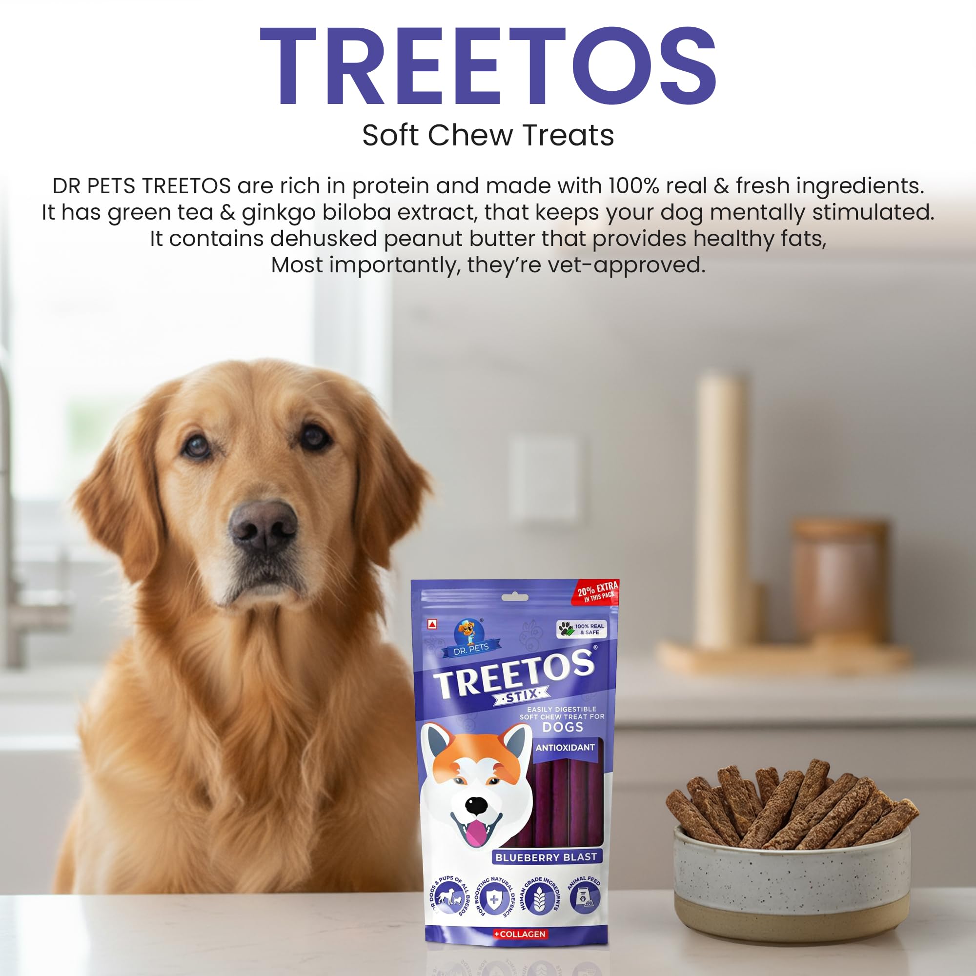 Dr. Pets 85g Treetos Chicken Stix Dog Treats | Blueberry Blast Flavour | Soft Chew Sticks for Puppies & Adult Dogs | Training Reward Treat | Easy to Digest | Pouch Pack 4