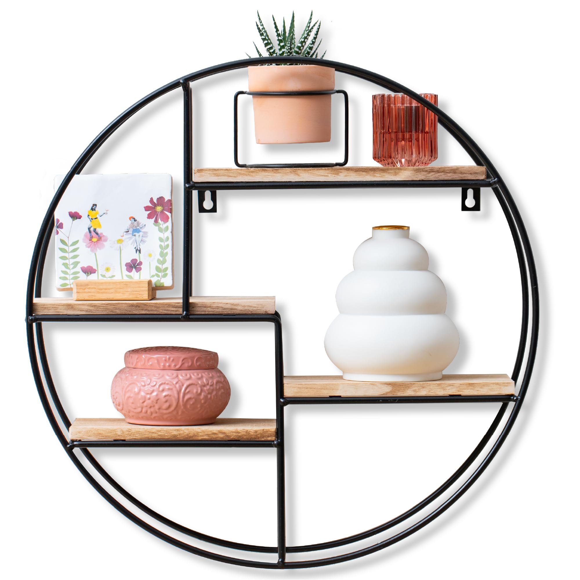 Gadgy Round Wall Shelf with 4 Wooden Shelves and Metal Frame, Industrial Style Floating Circle Shelf for Living Room, Bedroom or Office - 42 x 10 cm