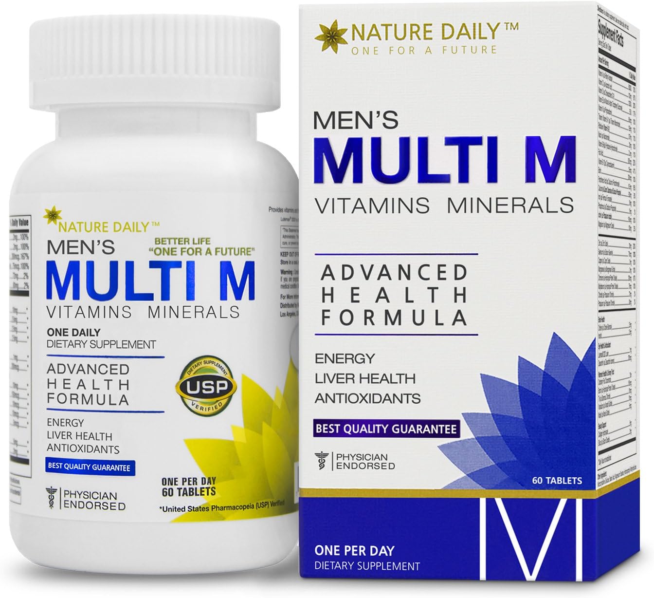 Nature Daily Men’s Multi M Vitamins Minerals, Advanced Health Formula, One A Day, 60 Tablets, Whole Food Multivitamins, Supplements