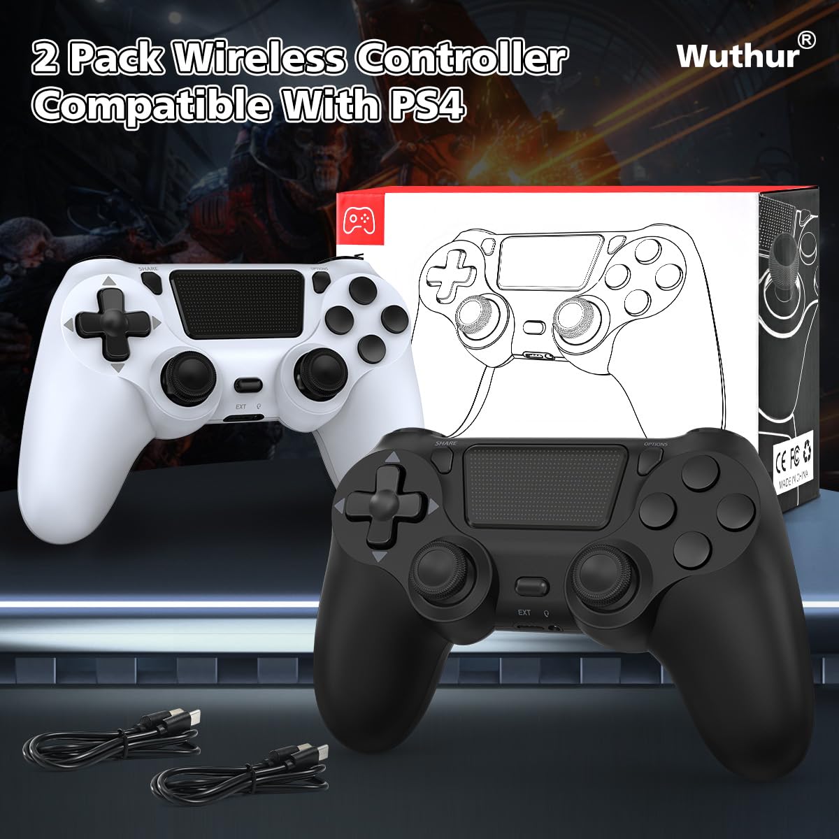 Wuthur 2 Pack Wireless Controller Compatible with PS4/Pro/Slim - Black White