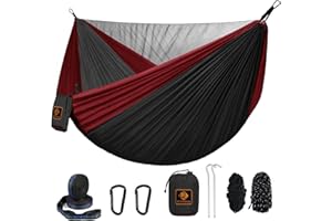 QEVOOON Camping Hammock, Portable Hammocks with Mosquito Net,Lightweight Nylon Parachute Hammock with 10ft Tree Straps,Camping Gear Must Haves for Travel Hiking Backpacking Beach Patio-Black&Red