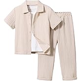 RoseSeek Boy's 2 Piece Outfits Textured Button Down Short Sleeve Collar Shirts Tops and Elastic Waisted Pants