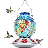 Hummingbird Feeder, BOLITE Glass Hummingbird Feeders for Outdoors Hanging, Hand Blown, with Ant Moat and Five Feeding Ports, Meshy Texture Ball Shape Bottle, 20 Ounces, Blue, Gifts for Women Men