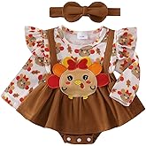 Baby Girl Thanksgiving Romper Dress Cute Turkey Print Long Sleeve Patchwork Jumpsuit+Bow Headband 2pcs Xmas Set