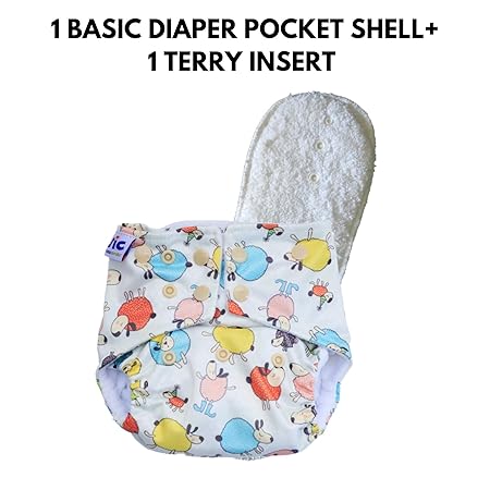 Superbottoms Certified Soft Fleece Lined Pocket Diaper with 1 Insert (Cotton-Terry Non Stay Dry Insert with Snaps), Sheep, One Size