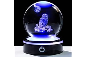 YWHL 3D Owl Figurine Crystal Ball with Colorful Light Base, Owl Gifts for Women Men Owls Lovers on Christmas Birthday, 3D Laser Engraved Owls Sphere Glass Ball for Home Office Decoration (80mm)