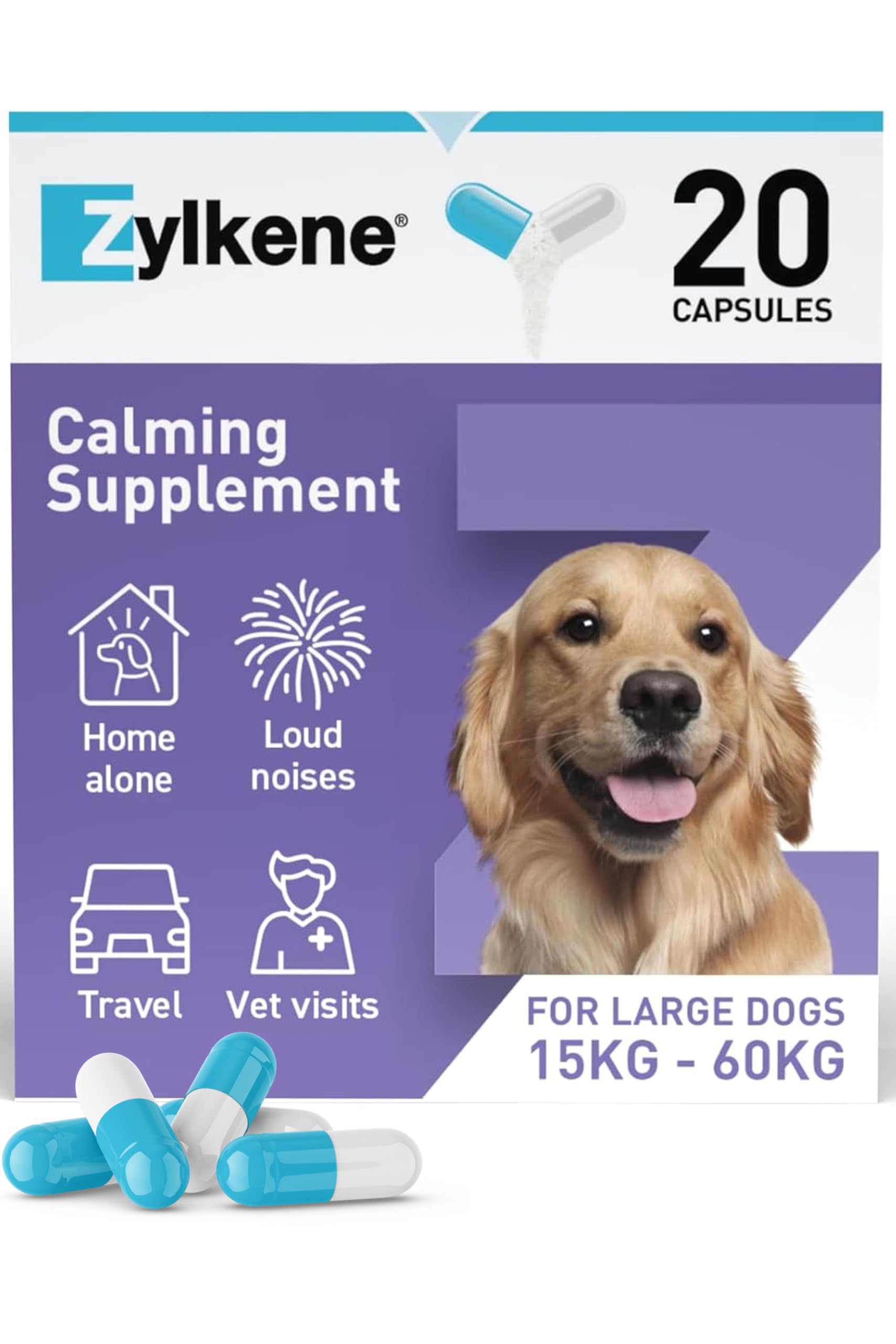 Zylkene Calming Supplements for Large Dogs (30 to 60kg) 450mg | Promotes Relaxation | Helps Pets cope with short-term challenging situations: Loud Noises | Easily administered | 20 capsules
