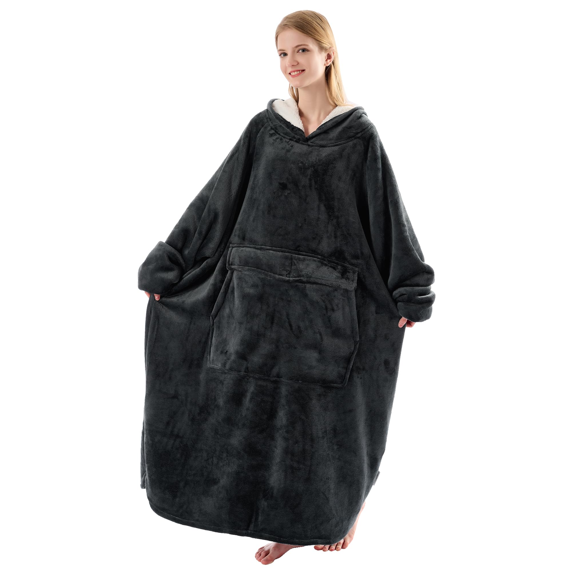 Krifey Big & Tall Wearable Blanket Hoodie with Cat Pocket, Extra Long Oversized Fleece Blanket for Adults, Cozy Birthday Gifts Image