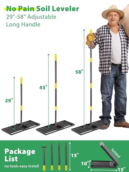 LAWN LEVELING RAKE HEAVY DUTY, 30X10 IN LARGE SOIL LEVELING RAKE, GROUND LEVELER WITH ANTI FLIPPING SMOOTH EDGE FOR DIRT SAND GRASS GOLF, 58″ LONG HANDLE, FOLDABLE GARDEN LANDSCAPING LEVELAWN TOOLS