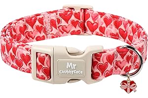 MR.CHUBBYFACE Red Valentines' Dog Collar, Sweet Red Heart Pattern Puppy Collar, Cotton Adjustable Valentine Pet Collar with Q