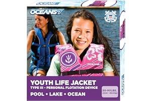 AQUA LEISURE Oceans7 US Coast Guard-Approved, Type III – Youth Life Jacket – Personal Flotation Device with Comfortable Flex-Form-Fit Open-Sided Design – Pink/Berry