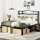 RmagineX Full Size Bed Frame with Headboard Full Bed Base No Box Spring Needed 14 Inch Tall Black Metal Bed Frame with Charging Station and Large Storage Space,Heavy Duty & Anti Noisy (14 Inch, Full)