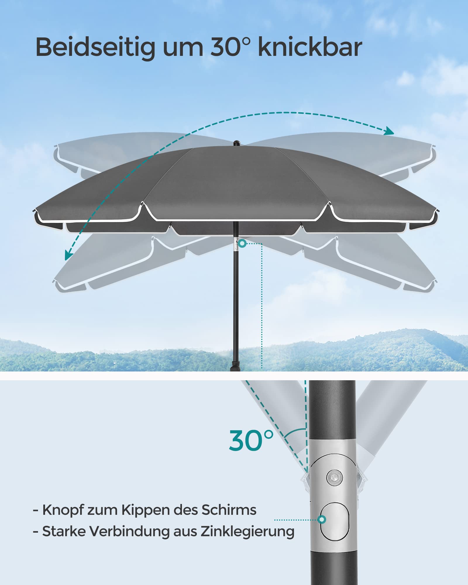 SONGMICS Sonnenschirm 160 cm, Sonnenschutz, UPF 50+, Strandschirm, beidseitig um 30° knickbar, höhenverstellbar, mit Tragetasche, für Balkon, Garten, Terrasse, Strand, ohne Ständer, grau GPU060G01 3