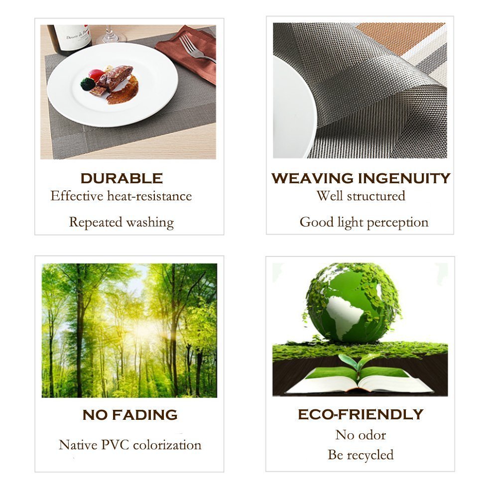 Silver Placemats,Vi-GO,Silver Table Mats,Non-slip Insulation Table Dinner Mats Weave Washable Dining Placemats for Kitchen Table Set. (6pack)