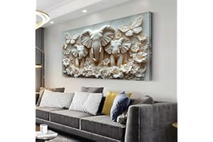 LASMOND Zen Ivory White Relief Elephants Wall Art for Living Room Office Contemporary Art Deco Religion Painting Prints Modern Canvas Artwork Over the Couch Kids Bedroom Decor