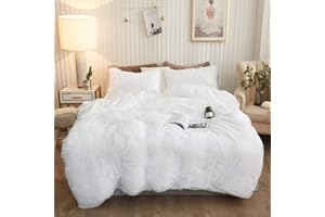 XeGe Plush Shaggy Duvet Cover Set, Luxury Ultra Soft Velvet Fluffy Bedding Sets 3 Pieces(1 Furry Faux Fur Comforter Cover King Size + 2 Fuzzy Faux Fur Pillowcases), Zipper Closure(King, White)