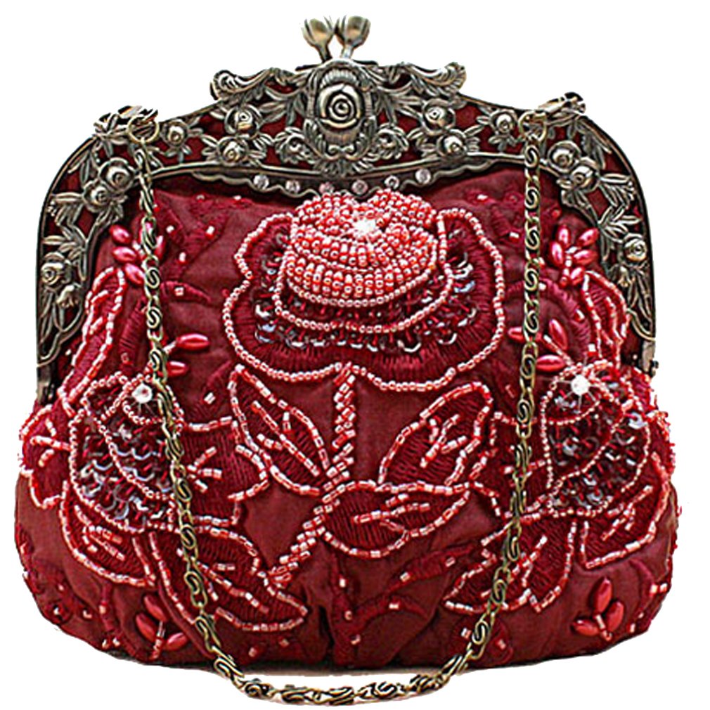 Belsen Women's Vintage Beaded Sequin Flower Evening Handbags (Red wine)