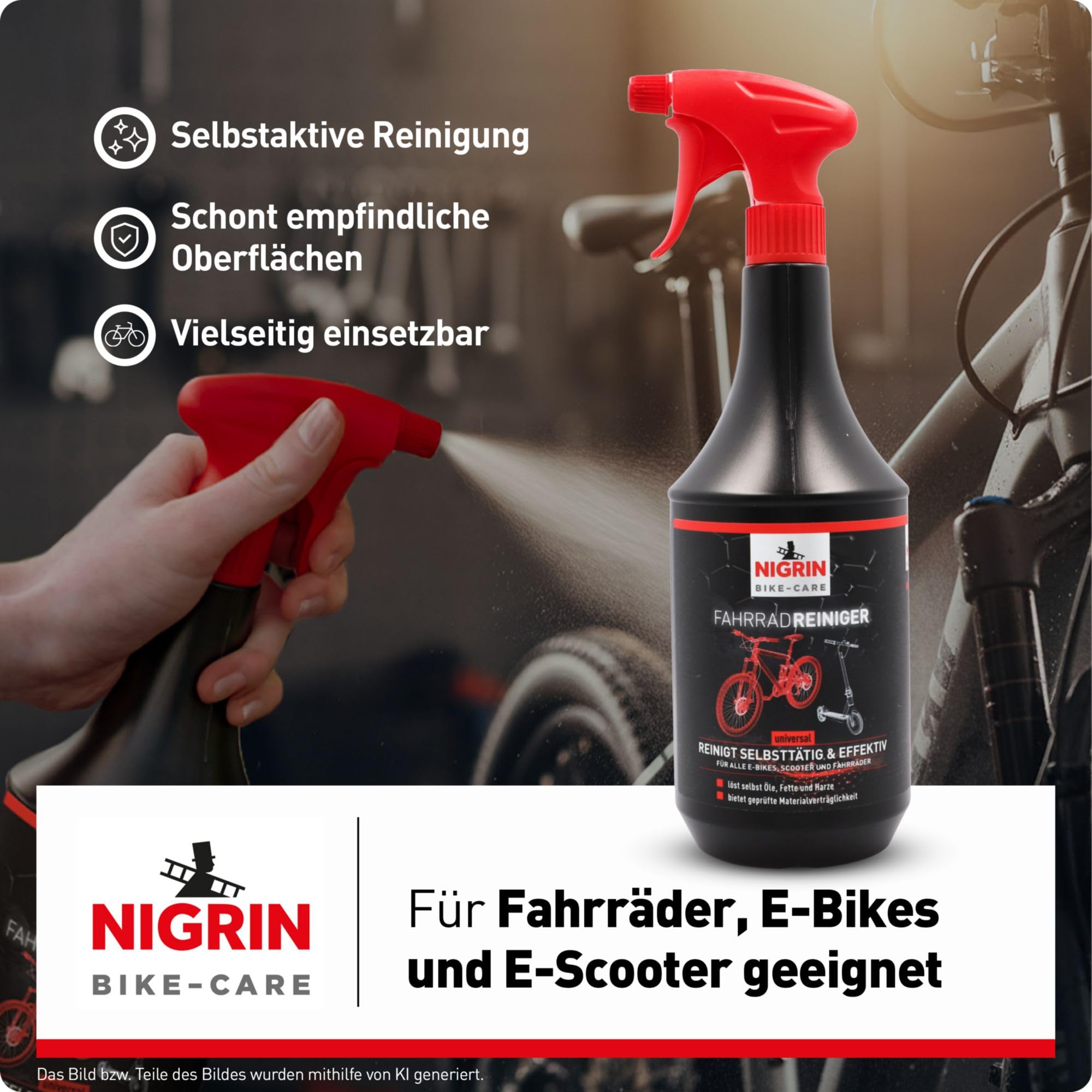 NIGRIN Bike-Care Fahrrad-Reiniger, 1000 ml Sprühflasche, Fahrradreinigung, reinigt selbsttätig und gründlich 3