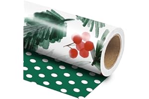 LeZakaa Christmas Green Wrapping Paper Roll, Watercolor Mushroom Leaf Print & Green Polka Dot Reversible Design Holiday Gift Wrap for Christmas Party, Mini Roll 17 in x 32.8 Ft