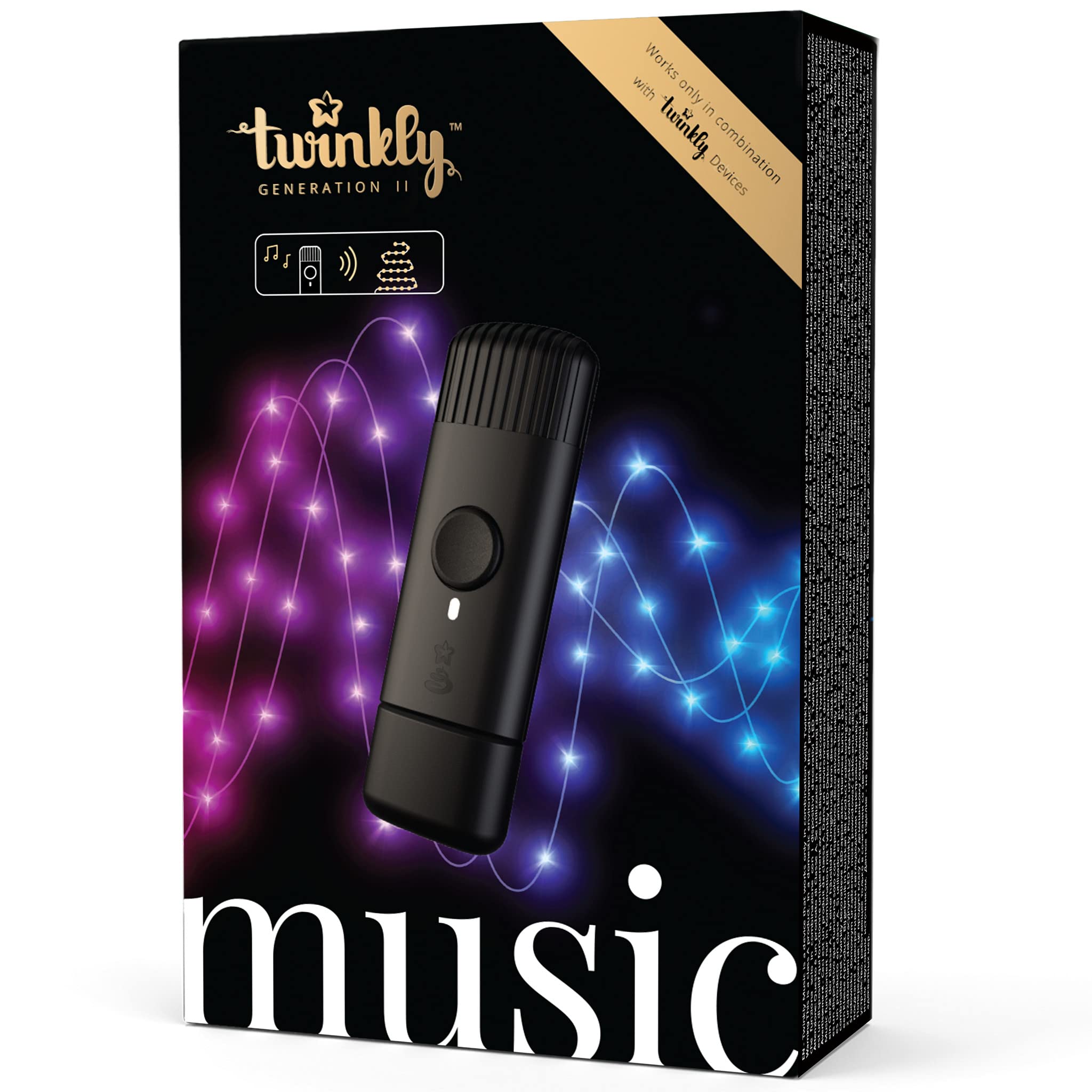 Twinkly Music, Sound Sensor for LED Lights, Bluetooth and Wi-Fi Sensor to Sync with Music and Smart Lights via App, USB Power, Black
