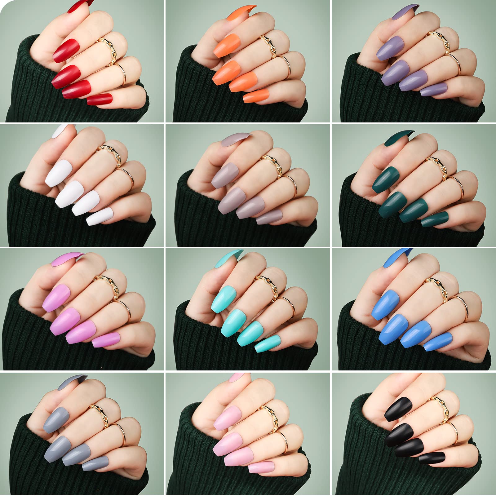 Teenitor 24 Pack 576 PCS Press On Nails Medium Length Coffin Glue On Nails, Coffin Shape Press On Nails Set, 12 Colors Coffin Matte Press On Nails, 12 Colors Glossy Press On Coffin Nail - Image 9