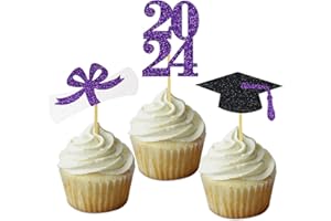 DOMOO OF DREAMS Graduation Cupcake Toppers Grad Party Decoration Food Picks Congrats Glitter Diploma Cap School Colors Supplies 24 PCS Purple