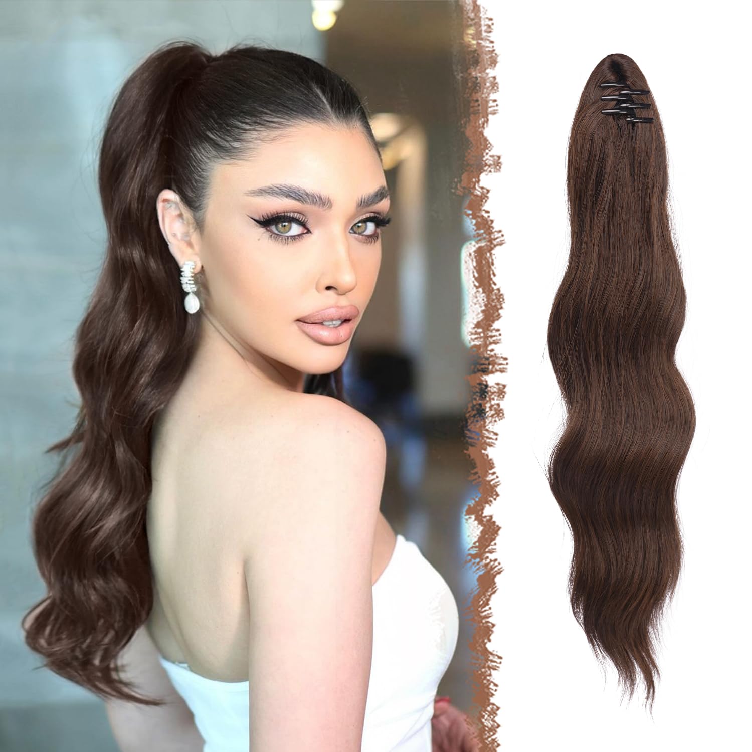 FESHFEN Ponytail Extensions 20 inch Long Wave Ponytail Claw Clip in Pony Tail Hair Extensions Chocolate Brown Wavy Ponytails Synthetic Hairpieces for Women Girls