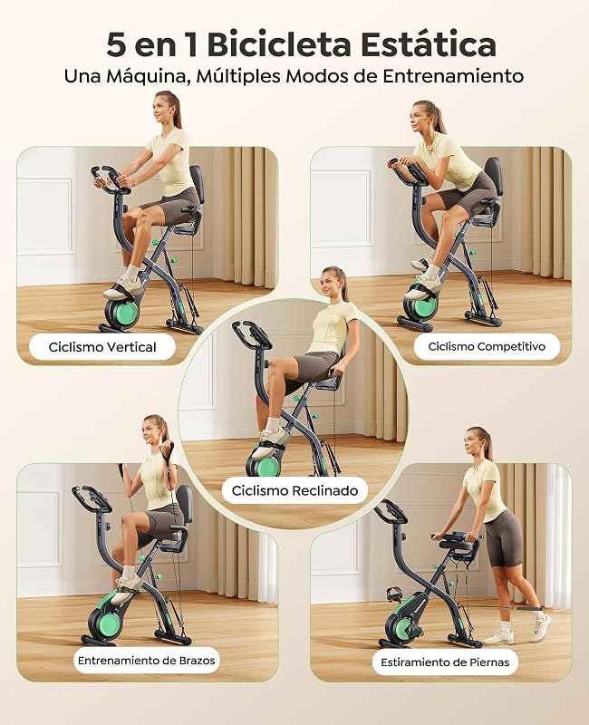 Bicicleta Estática 5 en 1 con App, Bici Estática Plegable para Casa y Espacios Reducidos, 16 Niveles Magnética Silenciosa, con Bandas de resistencia, Respaldo y Pulsómetro, Máx 140KG — foto 7 de 8