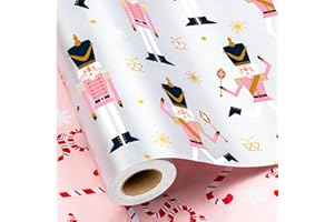 Yarcony Pink Nutcracker Christmas Wrapping Paper Roll - 17 Inch X 33 Feet - Funny Reversible Pearly-Lustre Foil Gift Wrap Paper w/Candy Cane Design for Chrsitmas Holiday Party Theater Present Decor