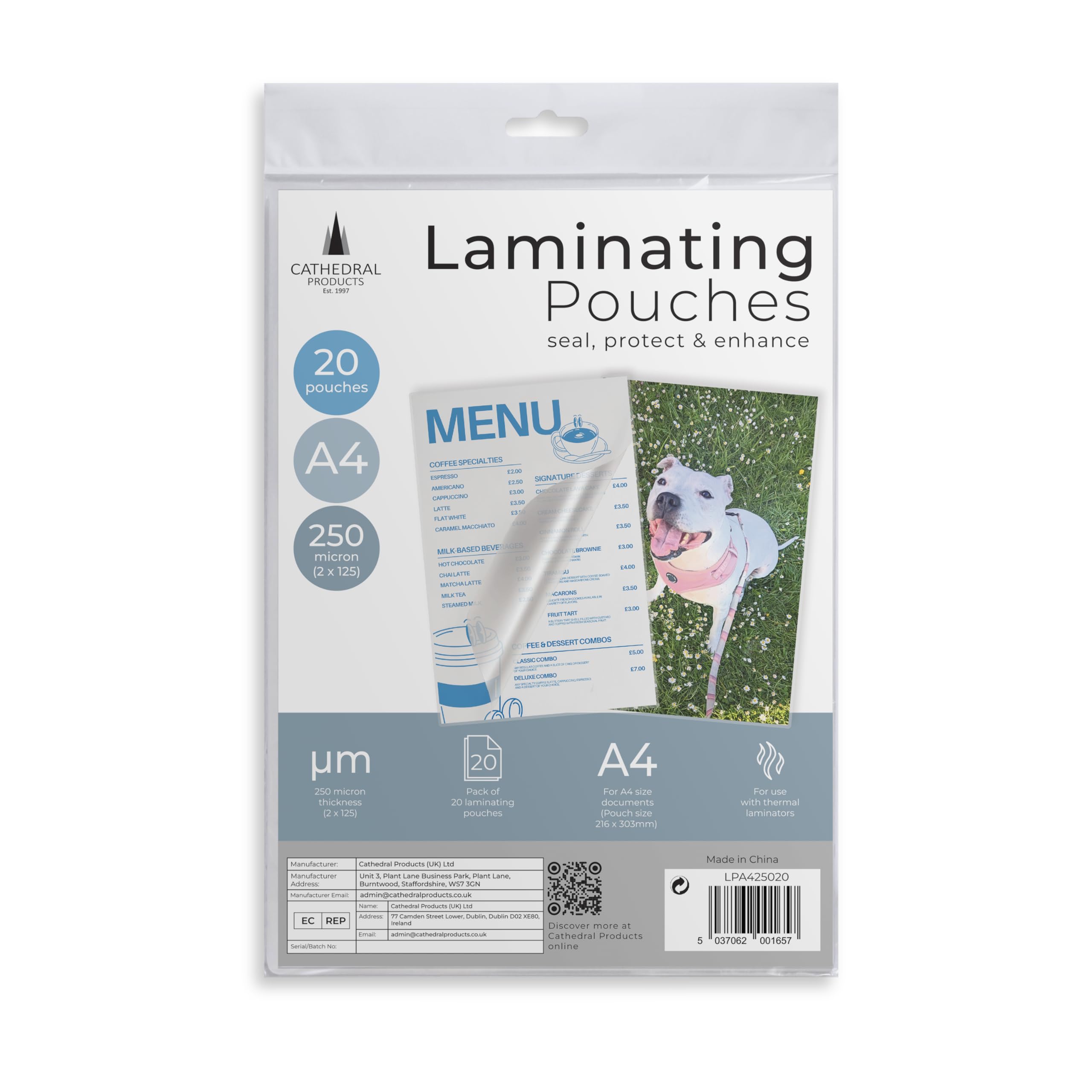 Cathedral Products Pack of 20 A4 Gloss Laminating Pouches 250 Micron