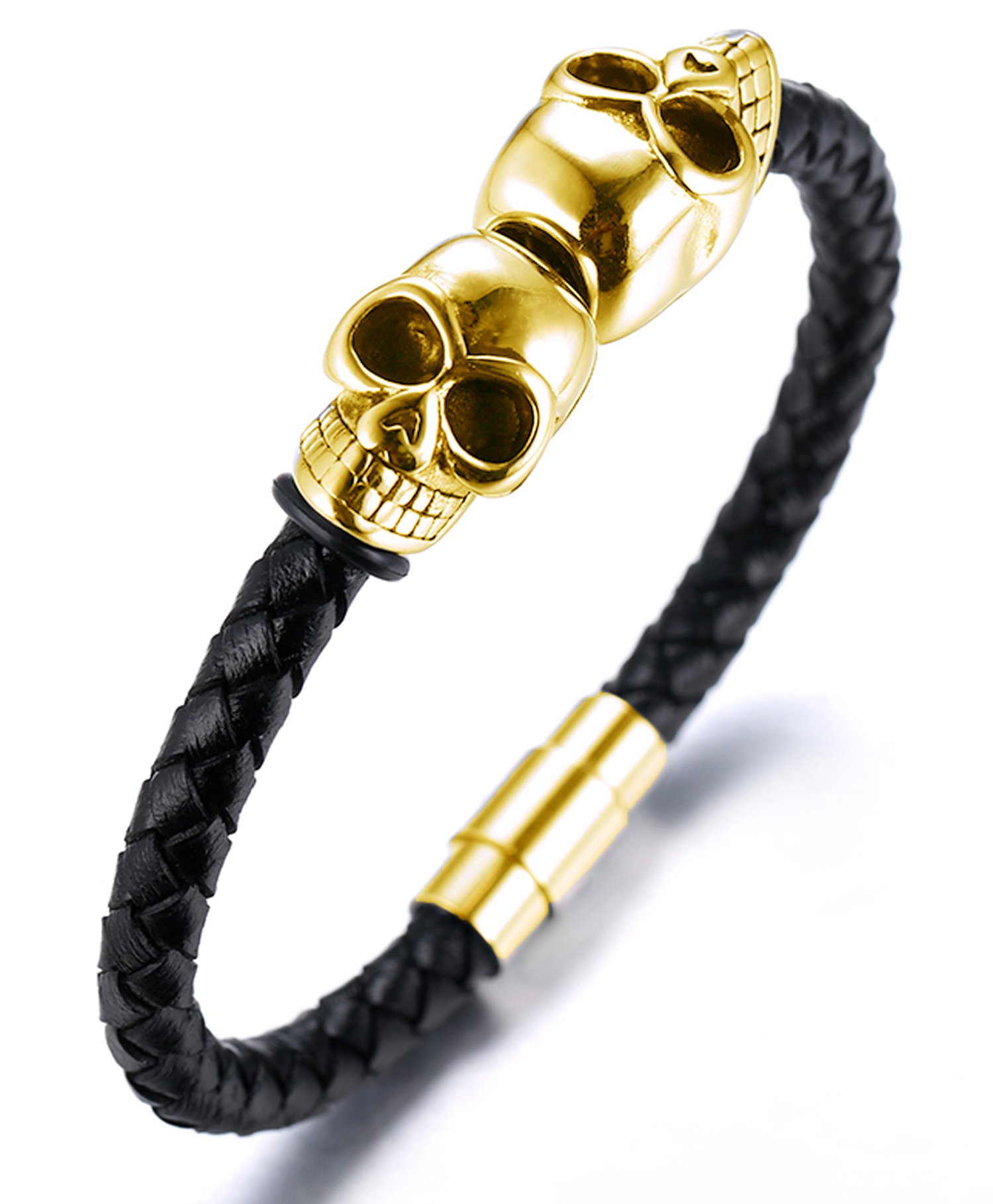 HALUKAKAH ● Assassin ● Men's Genuine Leather Bracelet with Titanium Skull Heads Magnetic Clasp 8.46"/21.5cm(Golden)