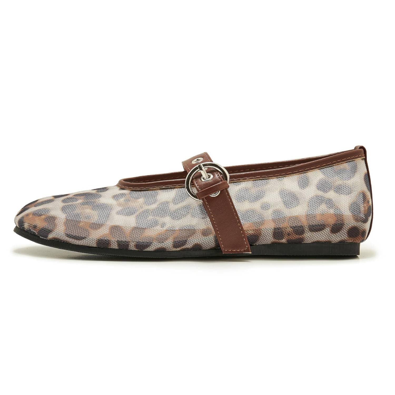 Photo 1 of ATBELL Leopard Mesh Ballet Flat for Women Round Toe Buckle Strap Summer Mary Jane Flats Comfortable Casual Ballerina Shoes in Size 8
