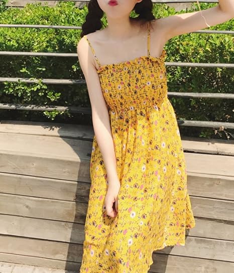 Amazon Co Jp ベコ Beco レディース ワンピース キャミソールワンピ 膝丈 花柄 シフォン 白 黄 水色 服 ファッション小物