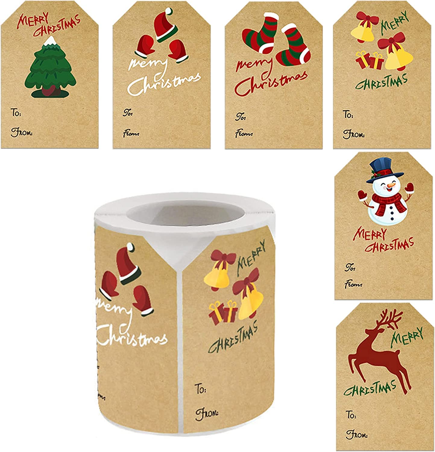250 Kraft Christmas Stickers - Xmas Name Tags & Decorative Stickers for Holiday Greetings