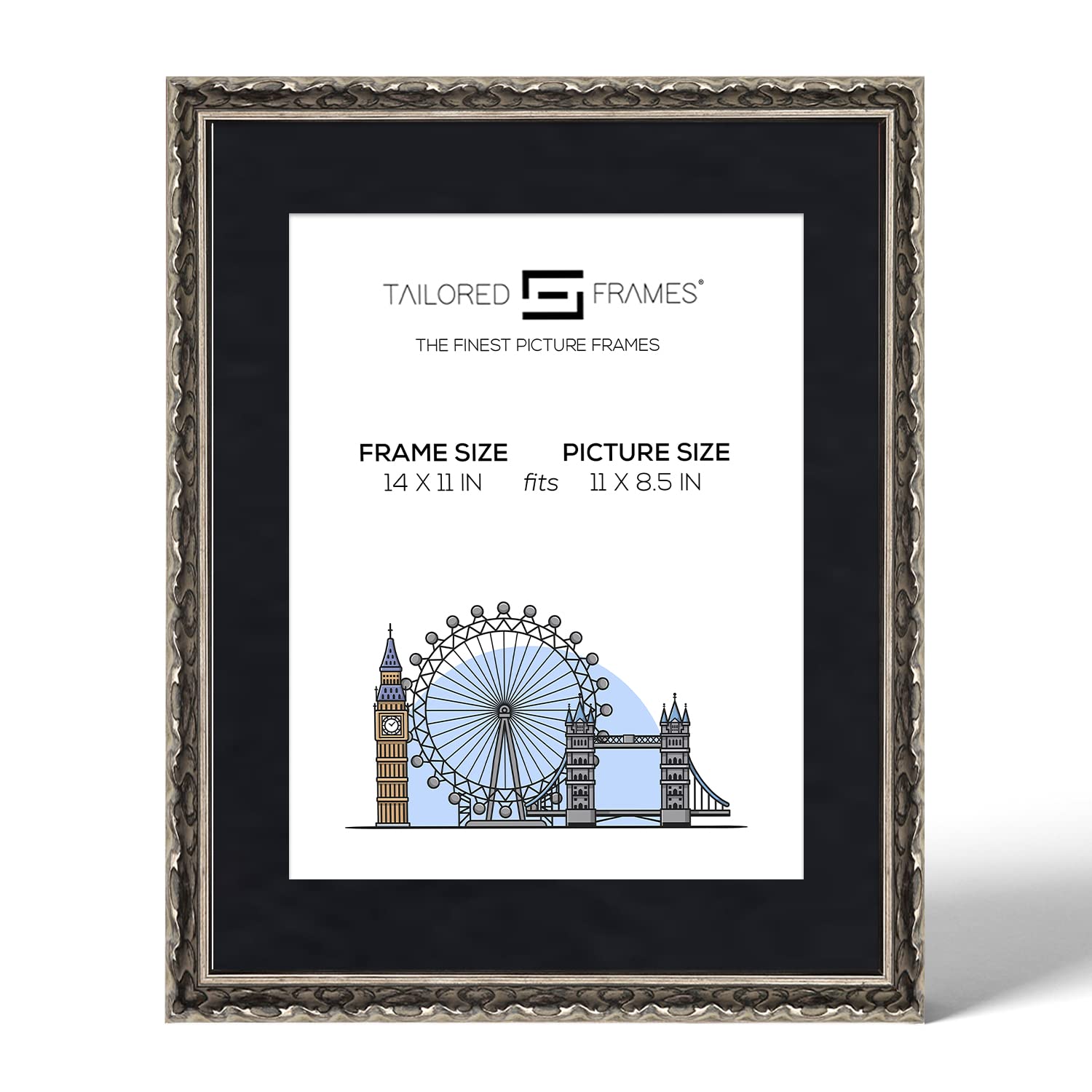 Tailored Frames Vienna Silver 14" X 11" Frame for 11" X 8.5" Picture | Rustic Style Vintage Single Picture Frame | Wall Hanging Type | Photo Frame with Black Mount