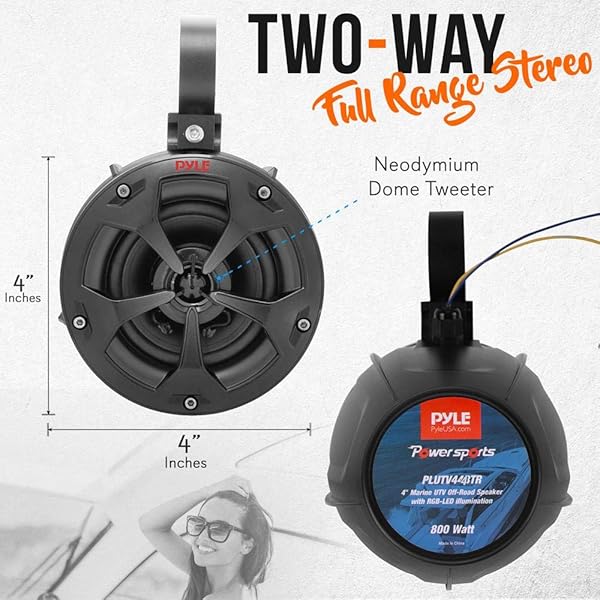 PYLE, MARINE SPEAKER SYSTEM, 800W, BLUETOOTH, WATERPROOF, RGB LIGHTS – 4″ ACTIVE & PASSIVE SPEAKERS FOR BOATS, ATVS, UTVS, INCLUDES MOUNTING ACCESSORIES, 2-CHANNEL CLASS D AMP, IP-X5 RATED