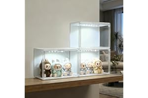 GUDEMAY Clear Stackable Plastic Storage Bins with Magnetic Lid & LED Light – Acrylic Display Case for Collectibles, Dolls, Bo