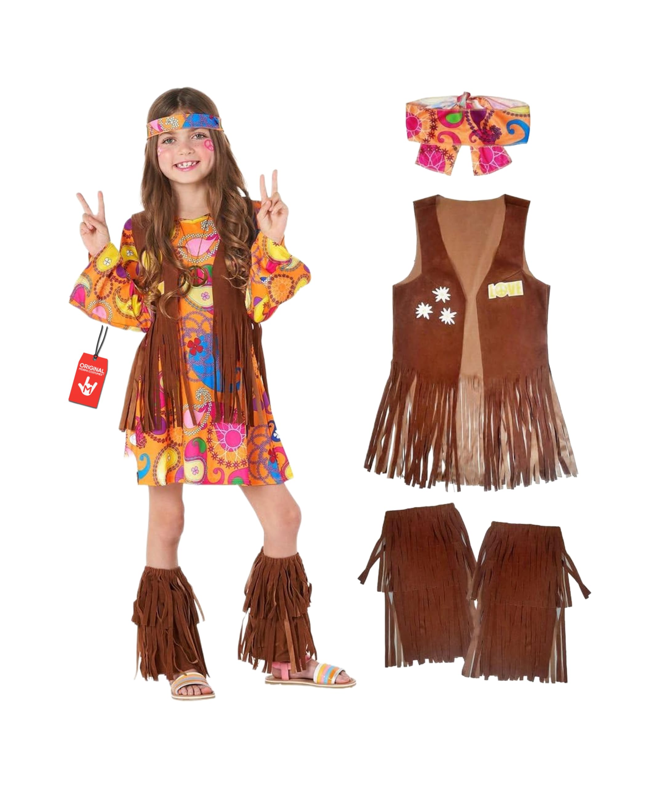 Morph Girls Hippie Costume 70s Fancy Dress for Kids Halloween Costume, Retro Hippie Outfit for Girls, Small