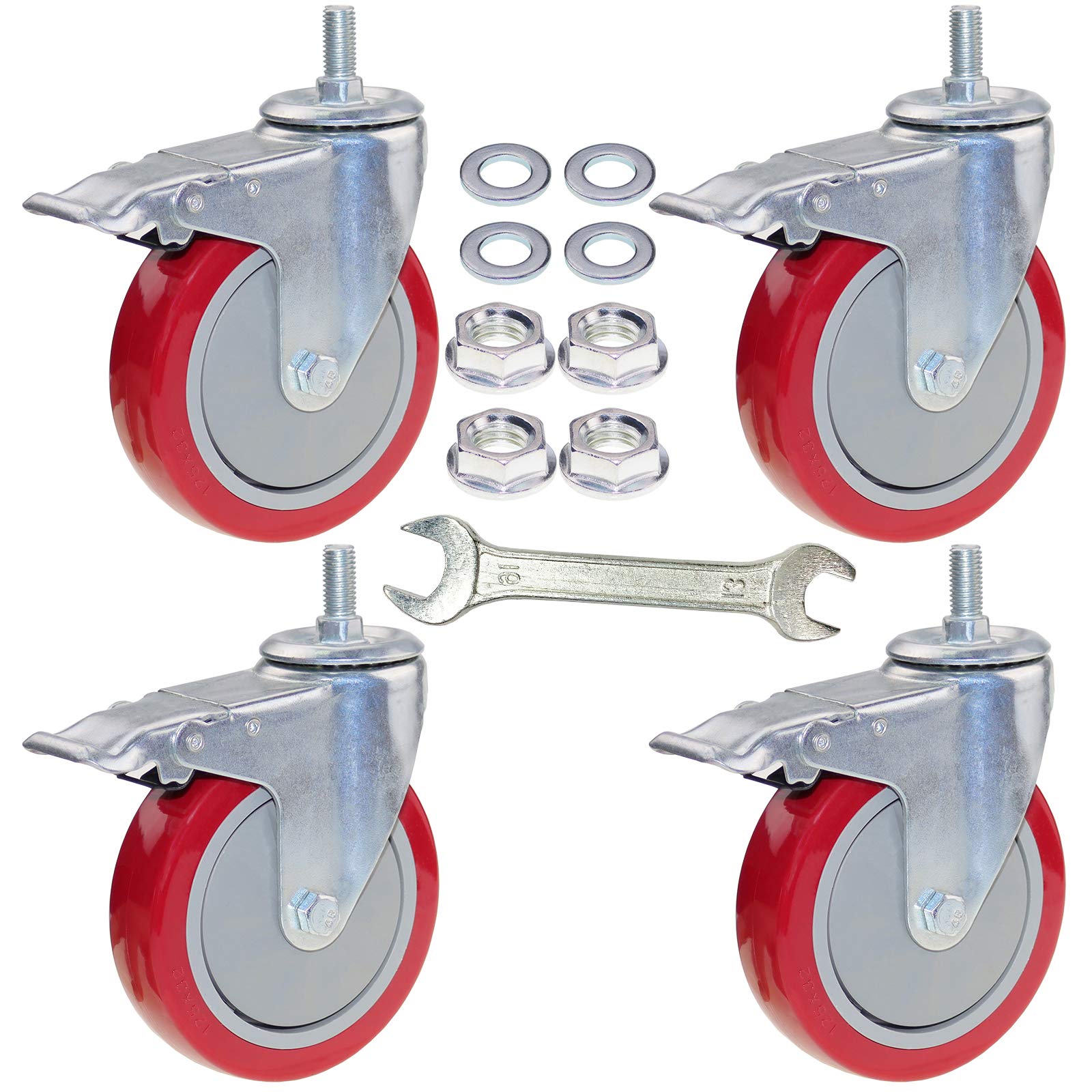DICASAL 5 Inch Heavy Duty Stem Casters 360 Degree Swivel Thread Wheels with Metric Size M12-1.75 Screw Bolt Double Locking Brake Castor Wheel Load Capacity Upto 900 Lbs Pack of Four