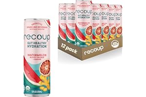 Recoup Organic Sparkling Prebiotic Drink - Ginger with Electrolytes for Gut Health Support & Hydration, No Added Sugar ((Pack of 12), Watermelon Blood Orange + Ginger)